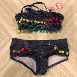 PILYQ Girls Grey Denim Looking with Glitter, Rainbow Pom Poms Bikini, Size 8